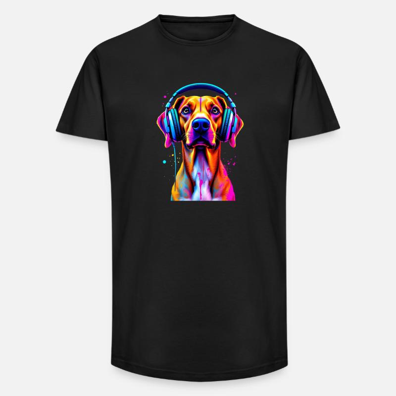 Viszla mit Kopfhörer - Long Fit Männer T-Shirt - Schwarz
