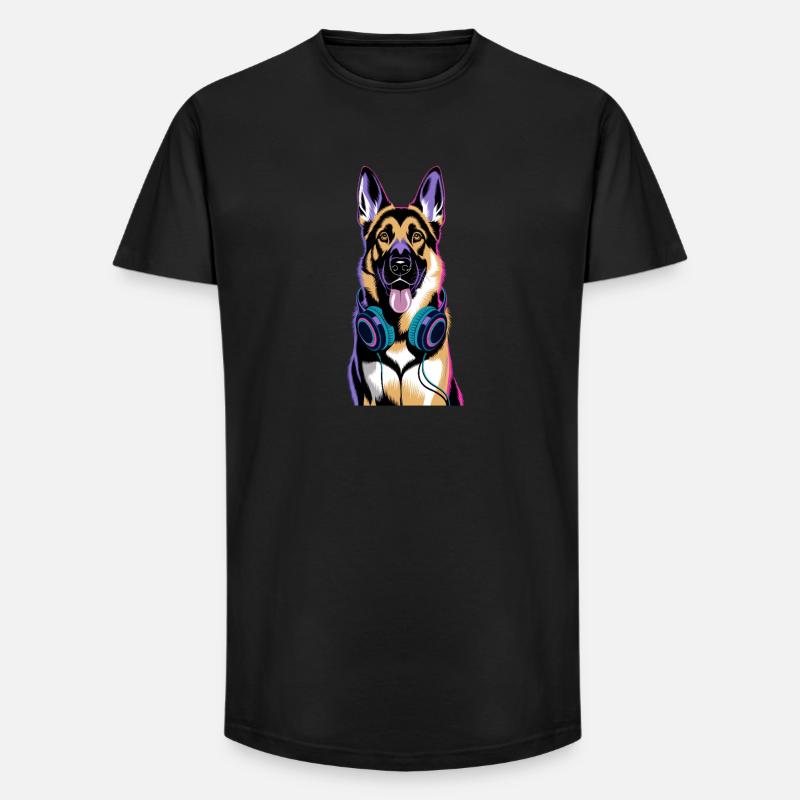 Deutscher Schäferhund mit Kopfhörer - Long Fit Männer T-Shirt - Schwarz