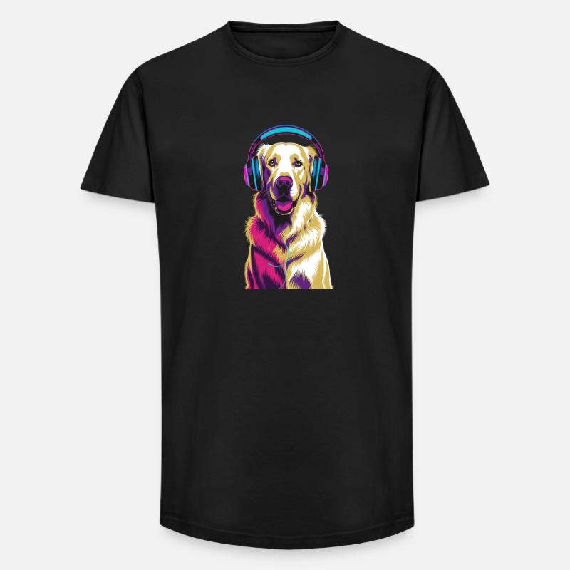 Golden Retriever mit Kopfhörer - Long Fit Männer T-Shirt - Schwarz