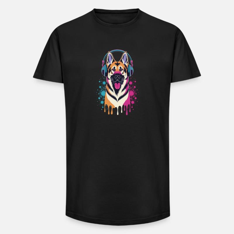 Deutscher Schäferhund mit Kopfhörer - Long Fit Männer T-Shirt - Schwarz