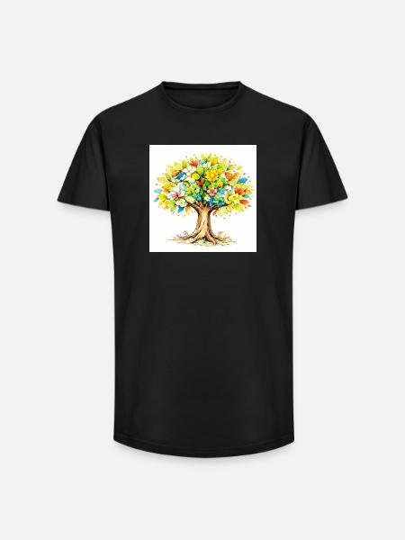 Bunter Farbbaum mit Blütenlaub - Long Fit Männer T-Shirt - Schwarz