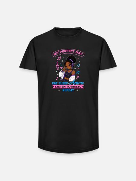 Anime and Music Chibi Black Girl - Long Fit Men's T-Shirt - black