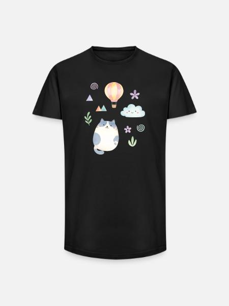 Chat aquarelle mignon et montgolfière - T-shirt coupe longue homme - noir