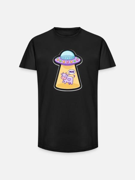 MOO Sjov Alien Ko i UFO Light Beam tegnefilm - Long fit herre T-shirt - sort