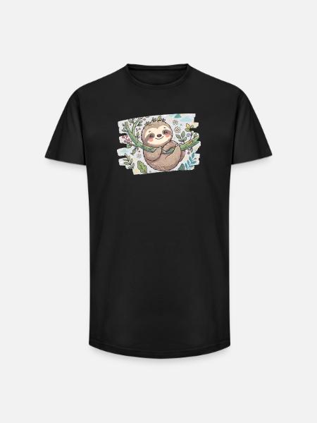 Cute sloth on branch with flowers - Long Fit Men's T-Shirt - black