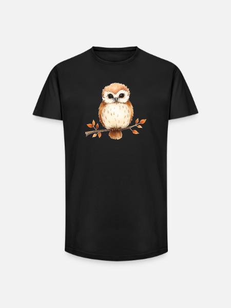 Aquarell Eule auf Ast - Long Fit Männer T-Shirt - Schwarz