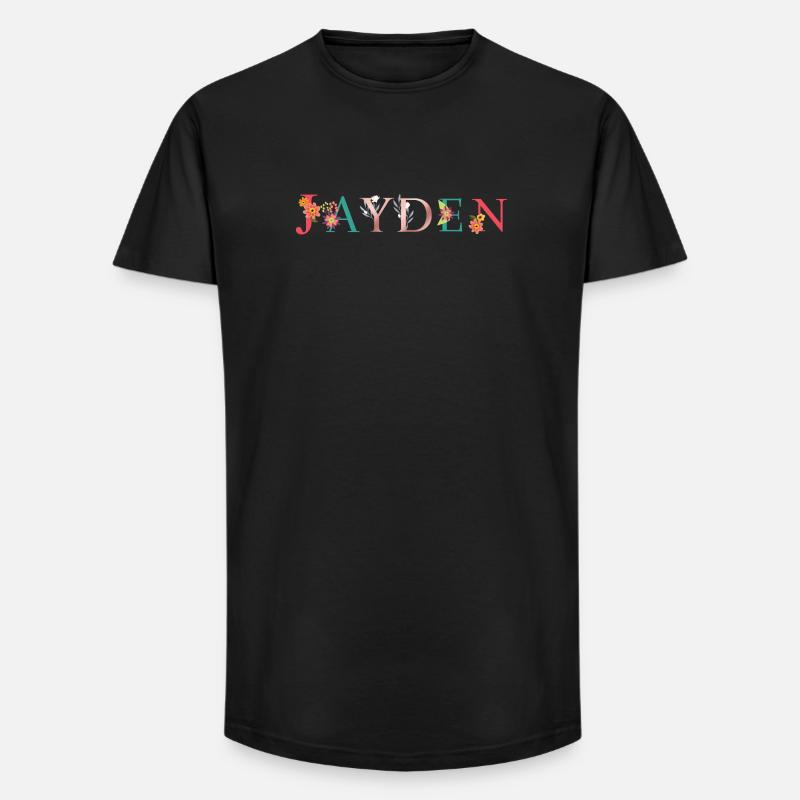 JAYDEN Namenskunst mit gestickten Blumen - Long Fit Männer T-Shirt - Schwarz