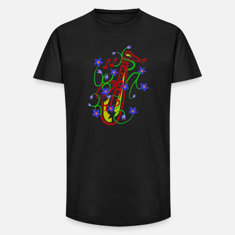 Blumenmuster mit verspieltem Saxophon design - Long Fit Männer T-Shirt - Schwarz