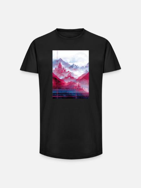 Psy-Art - Tempel über Berglandschaft - Long Fit Männer T-Shirt - Schwarz