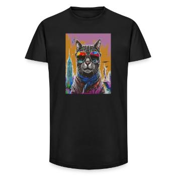 Urban Cat with Rainbow Shades - Long Fit Männer T-Shirt - Schwarz - Vorne - AI Model Male 185 light (185cm)