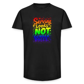 SERVING LOOKS, NOT GENDER ROLES - Long Fit Men's T-Shirt - black - Front - AI Model Male 185 light (185cm)