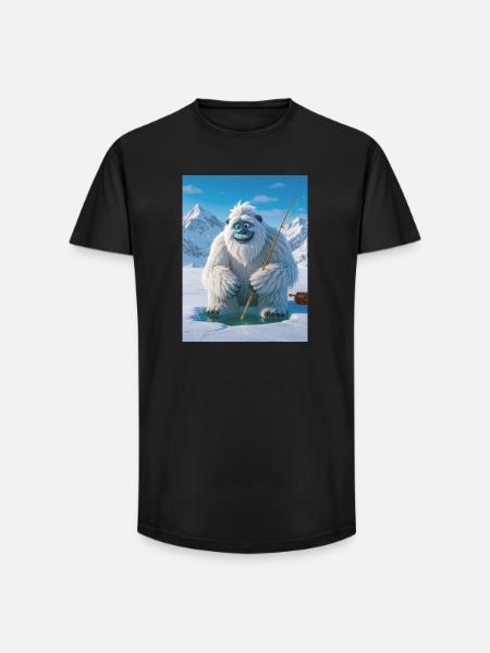 Yeti fishing on frozen glowing lake - Long Fit Men's T-Shirt - black