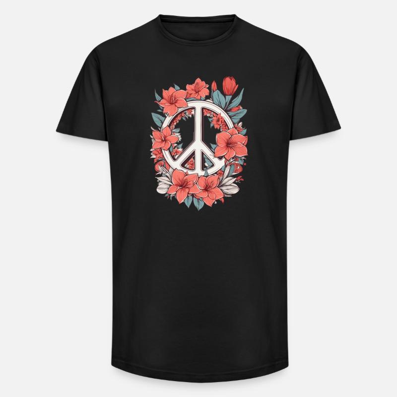 Friedenszeichen mit Blumen - Long Fit Männer T-Shirt - Schwarz