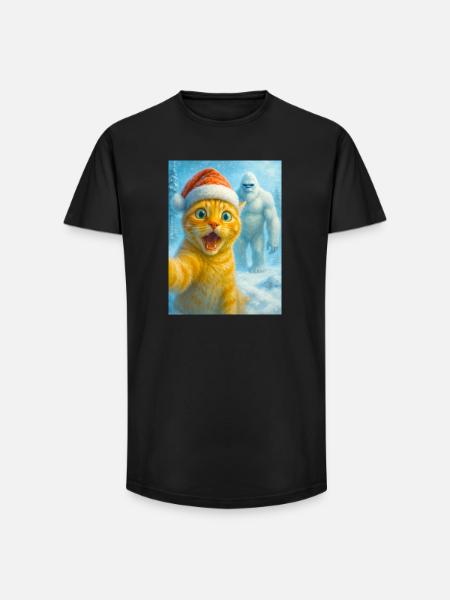 cat, Santa hat, Yeti, Christmas, snow, meme,selfi - Long Fit Men's T-Shirt - black