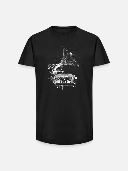 Nostalgic Gramophone – Floral Line Art - Long Fit Men's T-Shirt - black