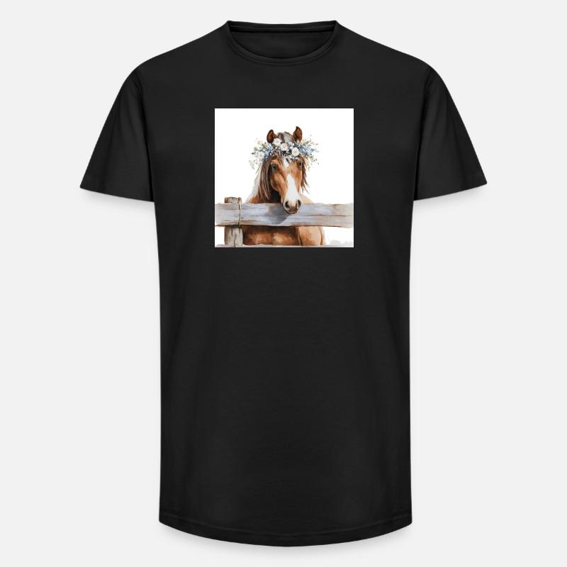 Blütengekrontes Pferd - Long Fit Männer T-Shirt - Schwarz