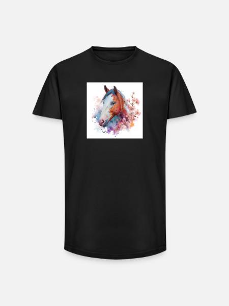 Aquarell Pferdeblüten-Porträt - Long Fit Männer T-Shirt - Schwarz