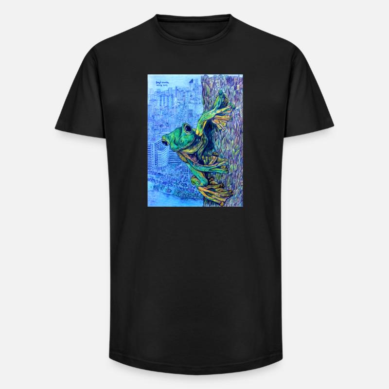 Frosch auf Baum mit Stadtansicht - Long Fit Männer T-Shirt - Schwarz