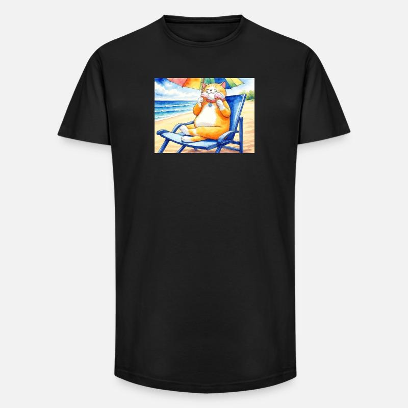 Katze am Strand mit Eiscreme - Long Fit Men's T-Shirt - black
