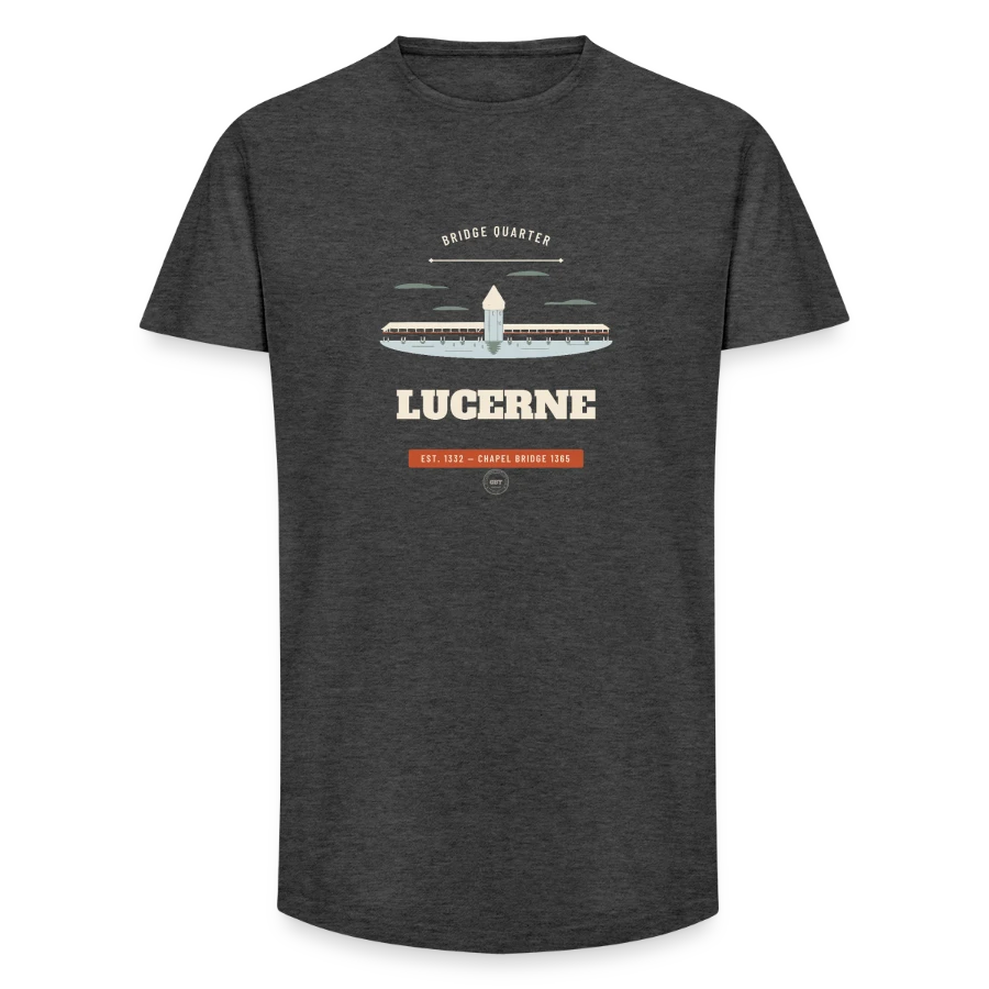 Lucerne badge on a long fit men's t-shirt, charcoal grey
