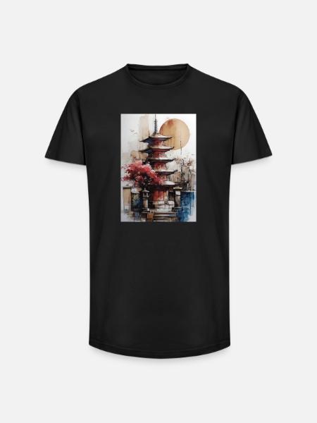 Zen-Sonne-Aquarellpagode - Long Fit Männer T-Shirt - Schwarz