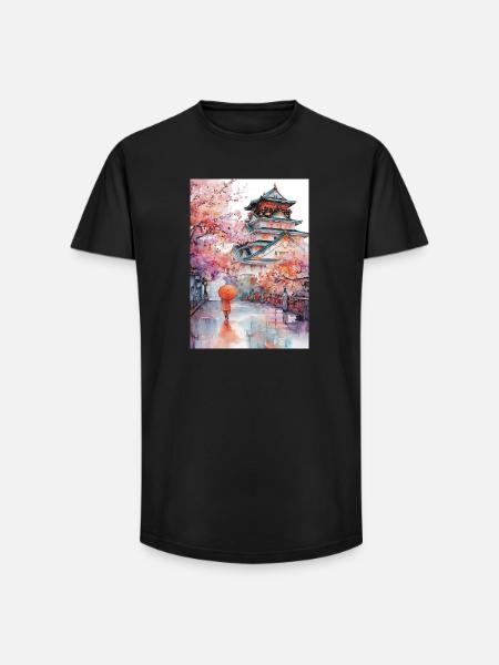 Japanese pagoda and cherry blossoms - Long Fit Men's T-Shirt - black