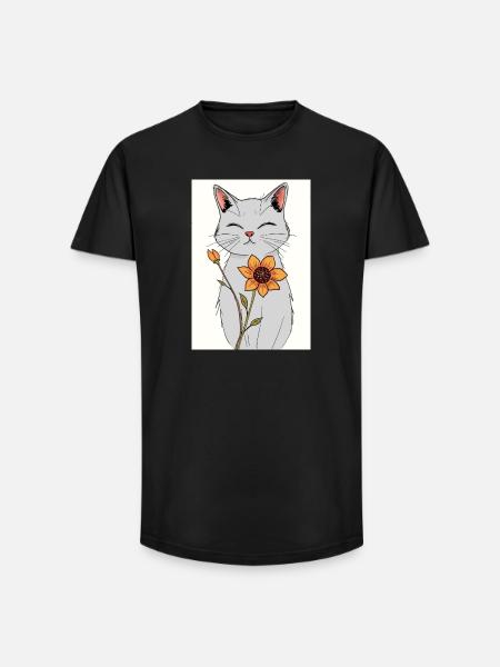 Serene Cat with Sunflower - Long Fit Men's T-Shirt - black