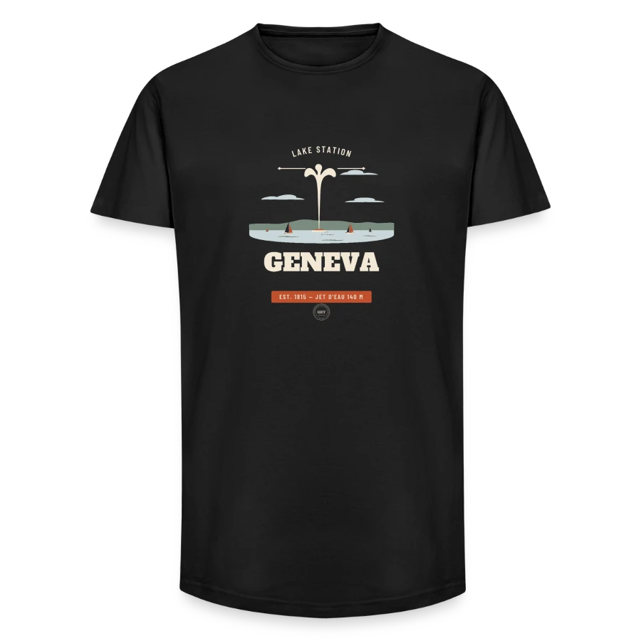 Geneva badge on a long fit men's t-shirt, black