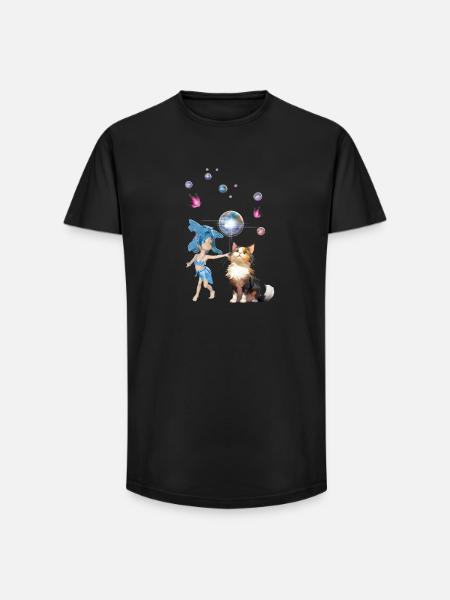 Sweet fairy is playing with cute cat - Long Fit Men's T-Shirt - black