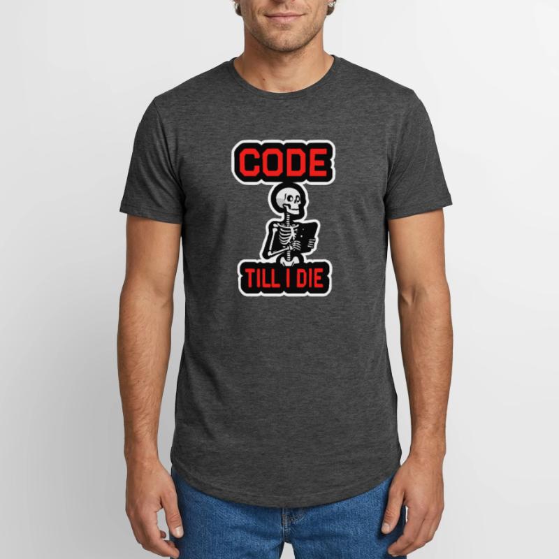 Skeleton with computer CODE TILL I DIE Long Fit Men's T-Shirt