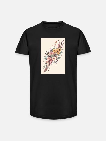 Blumenbouquet mit Schmetterlingen - Long Fit Männer T-Shirt - Schwarz
