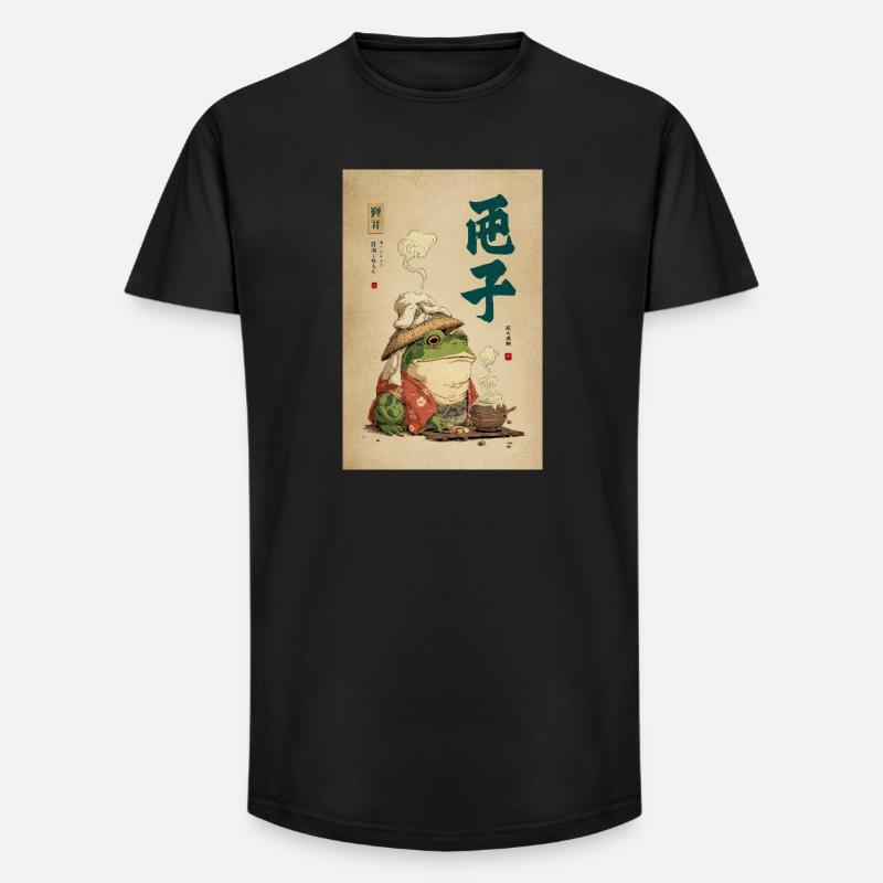 Frosch-Samurai im Seidenmantel mit Tee - Long Fit Männer T-Shirt - Schwarz