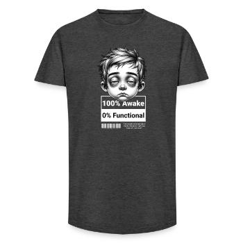 0% Functional – Funny Unisex T-Shirt for Tomorrow - Long Fit Men's T-Shirt - charcoal grey - Front - AI Model Male 185 light (185cm)