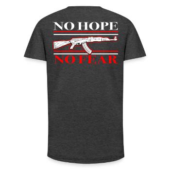 Sécurité et courage dans un style militaire - T-shirt coupe longue homme - charbon - Dos - AI Model Male 185 light (185cm)