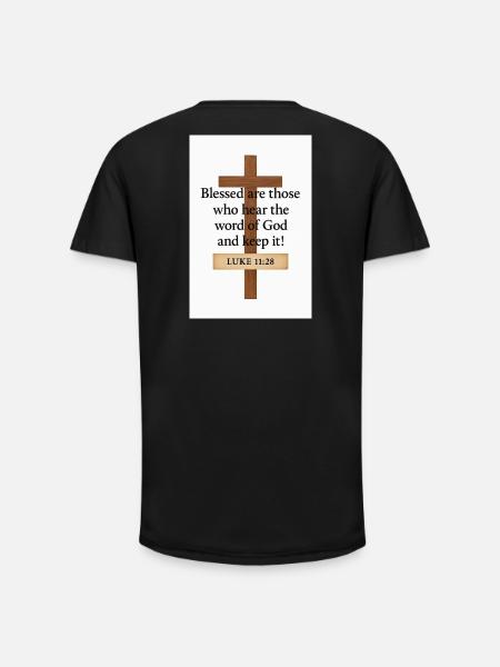 Korscitat Välsignade som hör Guds ord - T-shirt herr med lång passform - svart