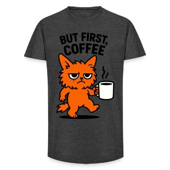 But first coffee cat - Long Fit Männer T-Shirt - Anthrazit - Vorne - AI Model Male 185 light (185cm)