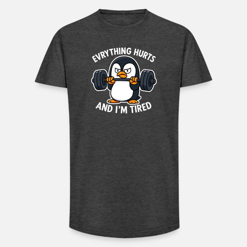 Grumpy Penguin Lifting Weights - Long Fit Men's T-Shirt - charcoal grey