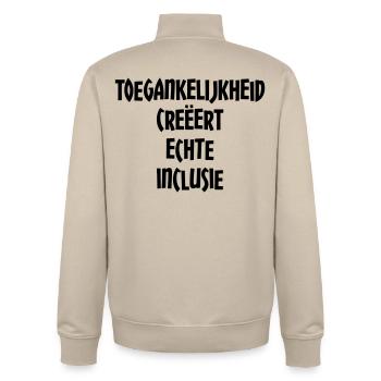 Accessibility creates true inclusion # - Unisex Organic Zip Sweatshirt by Stanley/Stella - desert dust - Back - AI Model Male 185 dark (185cm)