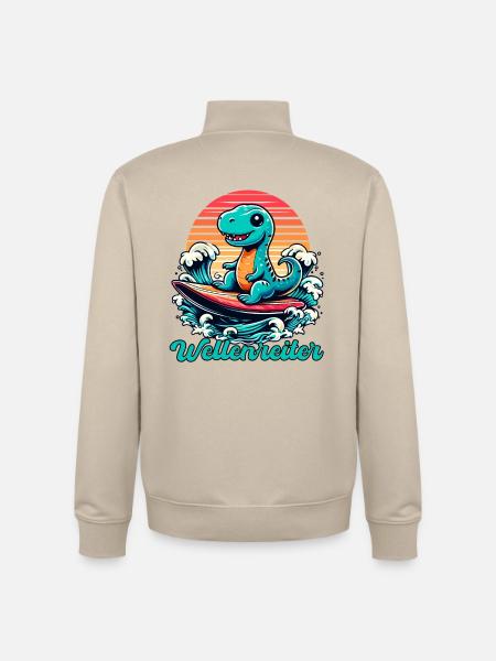 Cute T-Rex Surfer Surfing Gift - Unisex Organic Zip Sweatshirt by Stanley/Stella - desert dust