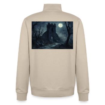 Poster Illustration Mittelalterliche Landschaft in Ruinen - Unisex Organic Zip Sweatshirt von Stanley/Stella - Cremebeige - Hinten - AI Model Male 185 dark (185cm)