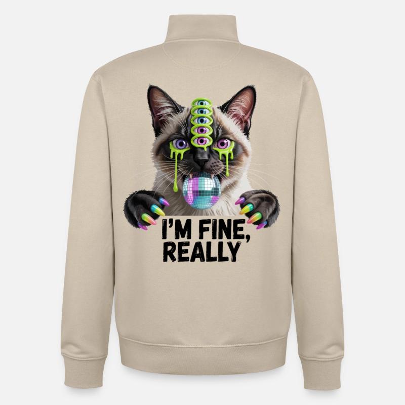 Chat Disco aux Yeux Néon - Sweat zippé unisexe en coton bio Stanley/Stella - beige crème