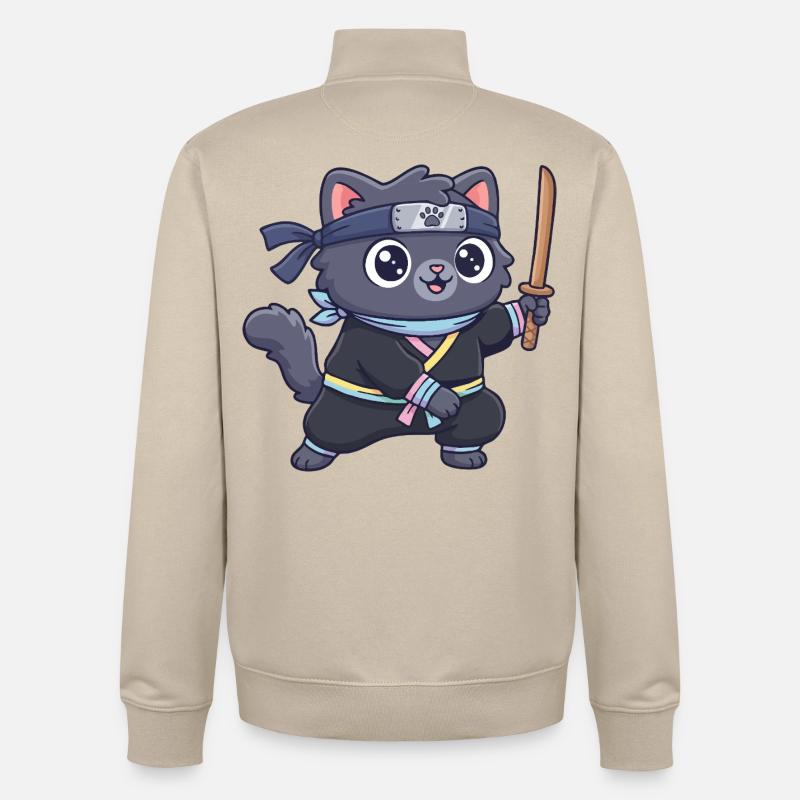 Chat ninja en costume de samouraï - Sweat zippé unisexe en coton bio Stanley/Stella - beige crème