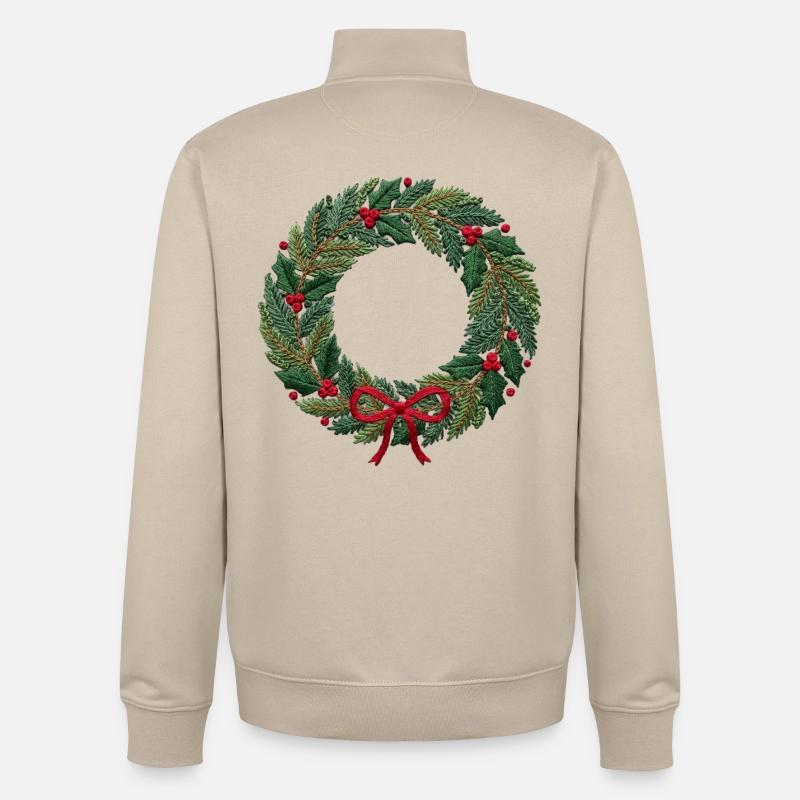 Couronne de Noël brodée, scalable (imprimée) - Sweat zippé unisexe en coton bio Stanley/Stella - beige crème
