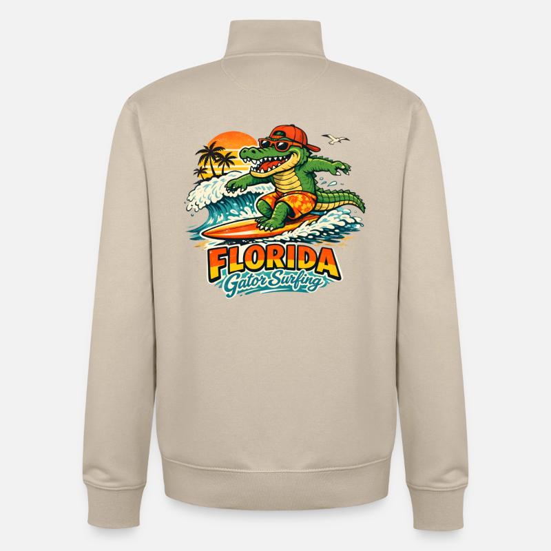 Alligator surfeur en Floride - Sweat zippé unisexe en coton bio Stanley/Stella - beige crème