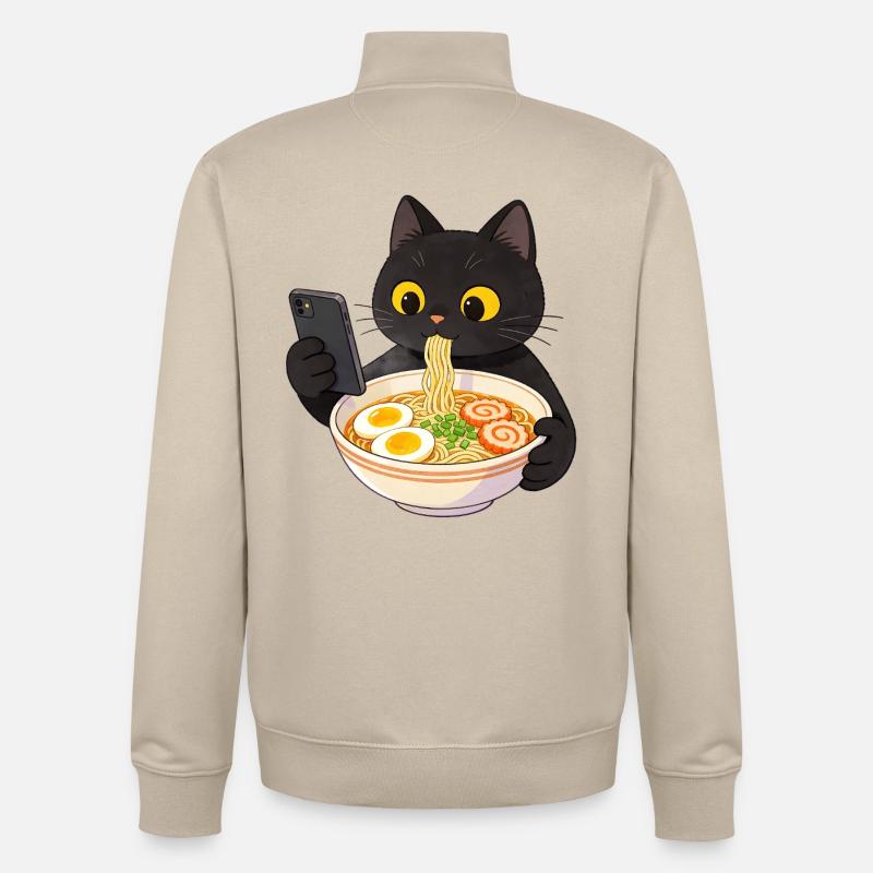 Chat noir avec smartphone et nouilles ramen - Sweat zippé unisexe en coton bio Stanley/Stella - beige crème
