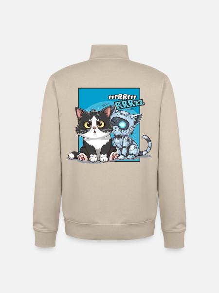 Chat et robot, humour, cartoon, bd - Sweat zippé unisexe en coton bio Stanley/Stella - beige crème