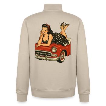 Rockabilly pin-up on vintage car in retro style - Unisex Organic Zip Sweatshirt by Stanley/Stella - desert dust - Back - AI Model Male 185 dark (185cm)