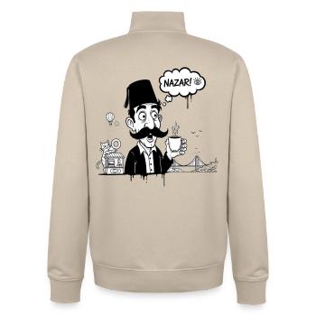 Moustachu au fez and Nazar Café - Unisex Organic Zip Sweatshirt by Stanley/Stella - desert dust - Back - AI Model Male 185 dark (185cm)