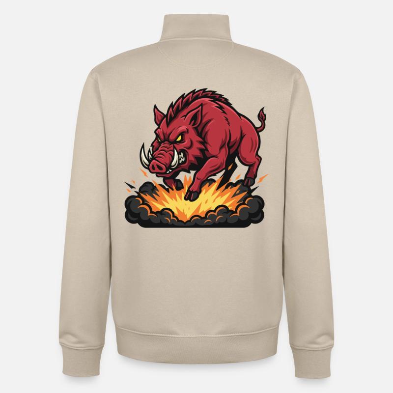Sanglier Rouge Feu Explosion Mascotte Boar - Sweat zippé unisexe en coton bio Stanley/Stella - beige crème
