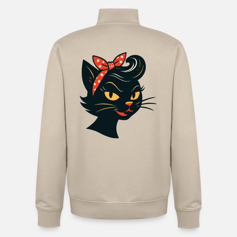 Sort kat i 50'er retro-stil - Stanley/Stella unisex sweatshirt med lynlås i økologisk - cremebeige